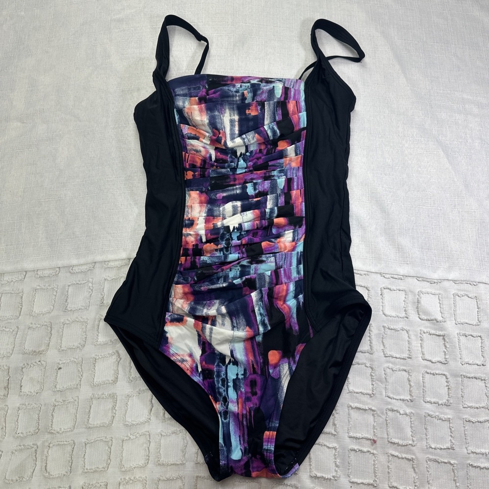 Calvin Klein Womens One Piece Swimsuit Sz 8 Black Abstract Ruched Tummy Control